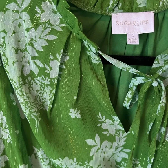 Sugarlips Kelly Green Floral Split Frilled Tie Neck Tiered Long Sleeve Dress - Picture 7 of 16